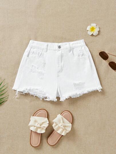 SHEIN Tween Girl Sommar Boho Casual Enfärgade Tvättade Höga Midja Enfärgade Tvättade Rivna Jeans Shorts med Fransig Fåll och Slitna Fickor, Flickors Sommarstrandsemester Baggy Shorts, Sommarkonsert Festival Casual Rave, Flickors Sommarbrunchexamen