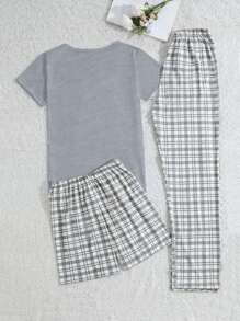 RueChic Conjunto de pijama de 3 piezas de mujer de algodón con camisa estampada con osos lindos y Bottom a cuadros y pantalón corto para el hogar