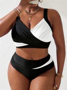 Slaydiva Bộ đồ bơi Tankini xếp nếp cỡ lớn cho nữ màu đen/hồng, khu nghỉ dưỡng bãi biển mùa hè - Đen và trắng - Xem 4