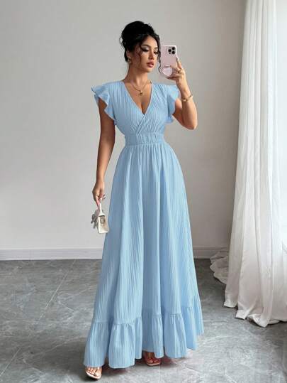 Elenzga 女士纯色荷叶边下摆长款度假海滩装连衣裙