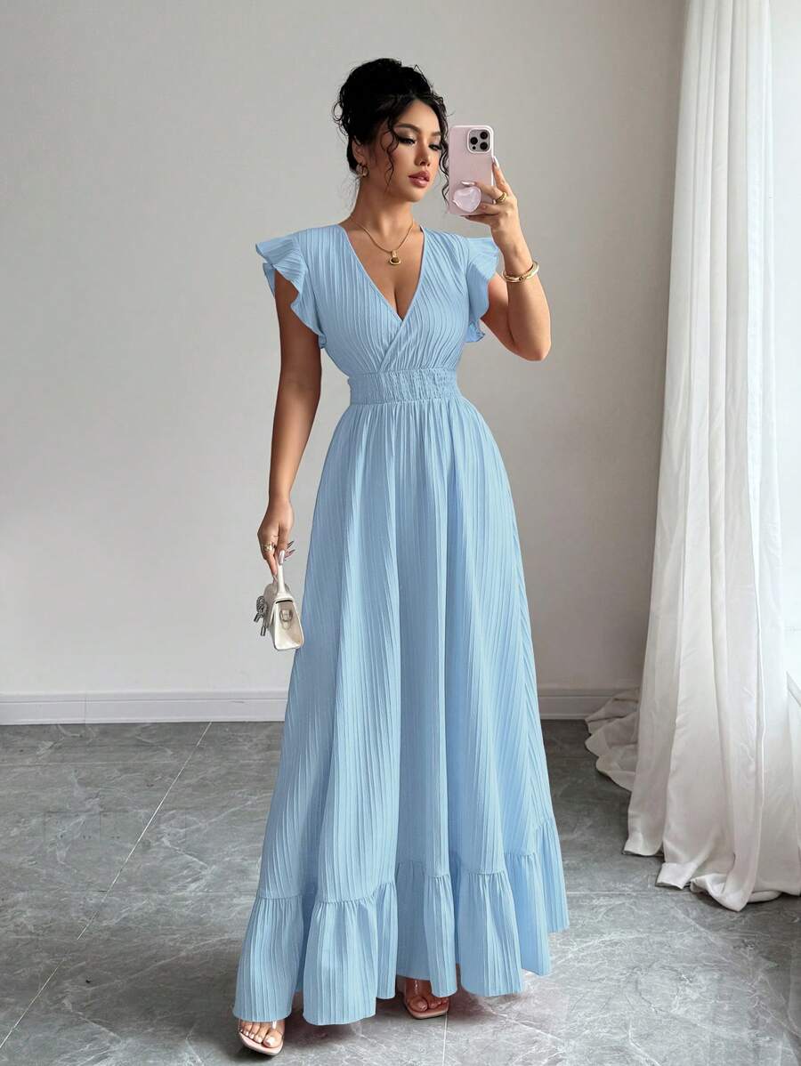 Elenzga 女士纯色荷叶边下摆长款度假海滩装连衣裙 - 淺藍色 - 查看 1