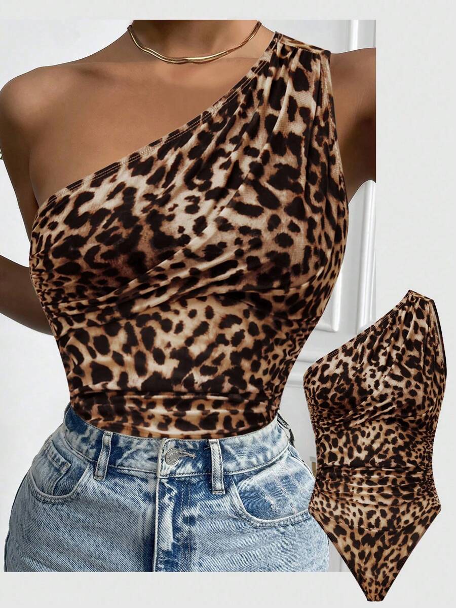 SHEIN LUNE Bodysuit Jala Motif Leopard Modis untuk Wanita, Musim Panas - MultiWarna - View 1