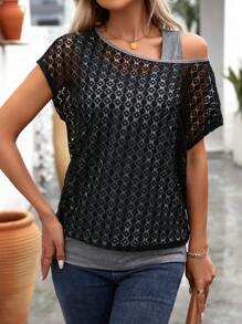 SHEIN Tall 女式蕾丝拼布不对称肩部衬衫 - 彩色 - 查看 3