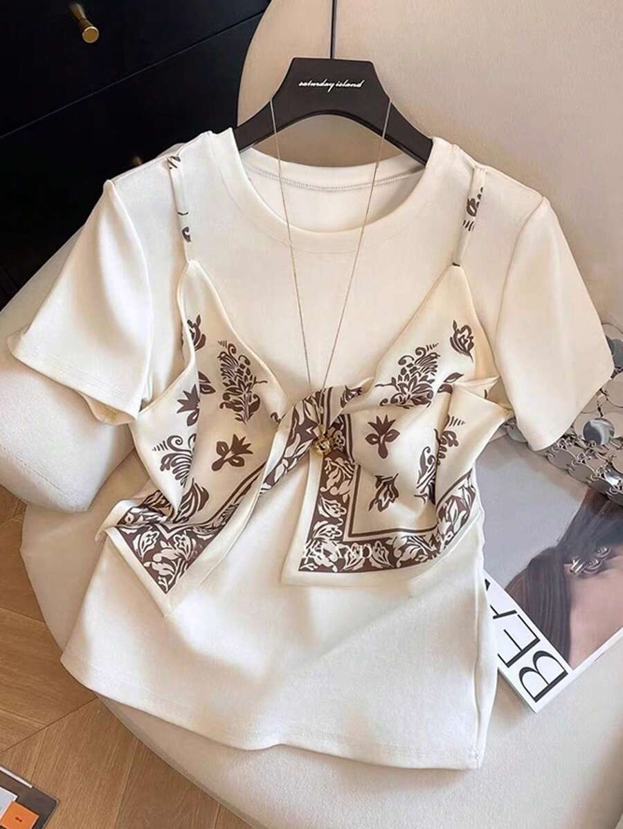 GlowEve Women's 2 In 1 Ribbon Strap Beach Vacation T-Shirt - Multicolor - View 1