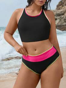 Swim SPRTY Bộ đồ bơi bikini cổ tròn màu trơn cỡ lớn cho nữ, đồ bơi đi biển ngày lễ thường ngày - màu đen - Xem 4