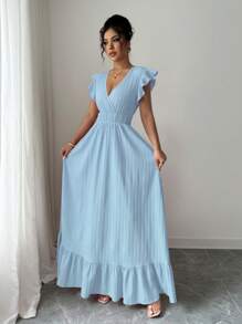 Elenzga 女士纯色荷叶边下摆长款度假海滩装连衣裙 - 淺藍色 - 查看 7