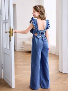 SHEIN Tween Girls Spring Summer Break Solid Washed Sleeveless Backless Openback Jumpsuit With Bowknot And Ruffle Trim,Casual Style And Casual Fit,Girls Summer Beach Boho Vacation Causal Outfits,Rave Concert Festival Outfits