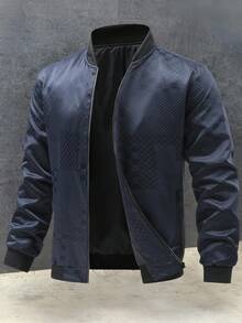 Manfinity Homme Men's Checkerboard Print Long Sleeve Zip-Front Casual Baseball Jacket - Navy Blue - View 2