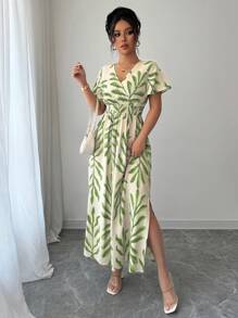 Selianne 女士春夏度假风沙滩裙，法式优雅喇叭袖褶皱抽绳腰部侧开衩A字裙，适合下午茶派对 - 綠色 - 查看 4