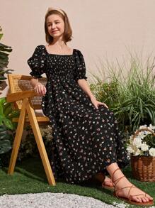 SHEIN Rochie Teen Girls Ditsy cu mâneci bufante, cu imprimeu floral