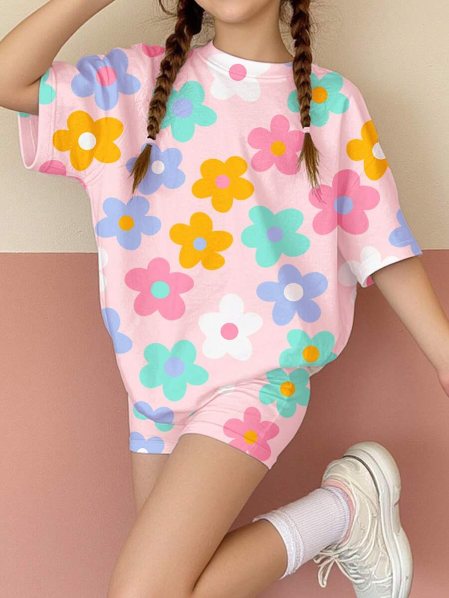 SHEIN 2 件套青少年女孩休闲简约多巴胺花朵印花短袖宽松 T 恤和短裤,适合夏季 - 彩色 - 查看 1