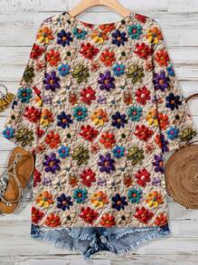 EMERY ROSE Vacation Casual Floral Print Loose Short Sleeve V-Neck Pocket T-Shirt, Plus Size, Suitable For Summer  Woman S Summer Clothes