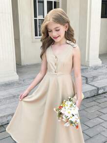 SHEIN Tween Girls Casual Commuter Butterfly Knot Decor Sleeveless A-Line Maxi Dress