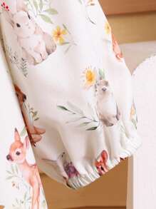 SHEIN 青少年女孩宽松休闲度假卡通图案圆领中长款荷叶边下摆罩衫连衣裙