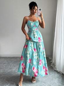 Selianne 波西米亚风无袖系腰印花中长连衣裙，适合女士、节日和夏季穿着 - 綠色 - 查看 3