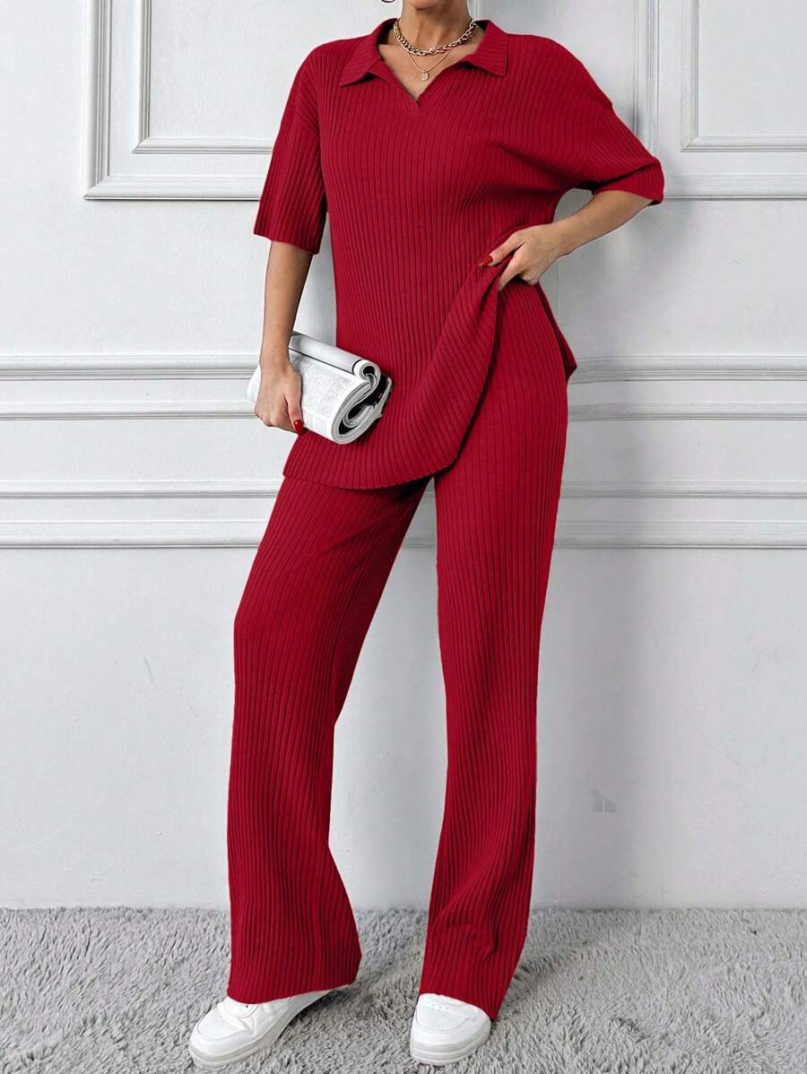 Cotton Two Pieces Set Polo Neck Top And Pant Set Rib Knit Fabric - Red - View 1