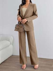 SHEIN Cottnline Damkostym med asymmetriskt, elegant set med dubbla knappar och kaffebrunt mönster - Beige - Visa 3