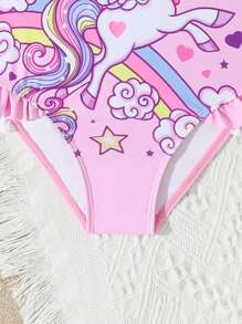 Traje de baño de una pieza para niñas, con tirantes ajustables, volantes, diseño de unicornio y aberturas de piernas con volantes
