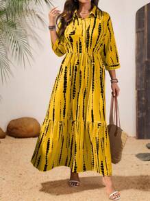 SHEIN LUNE 大码女式 V 领纽扣式 3/4 袖宽松褶皱长裙，蓝白竖条纹印花，百搭优雅，适合度假、海滩、通勤、旅行等场合 - 黃色 - 查看 6