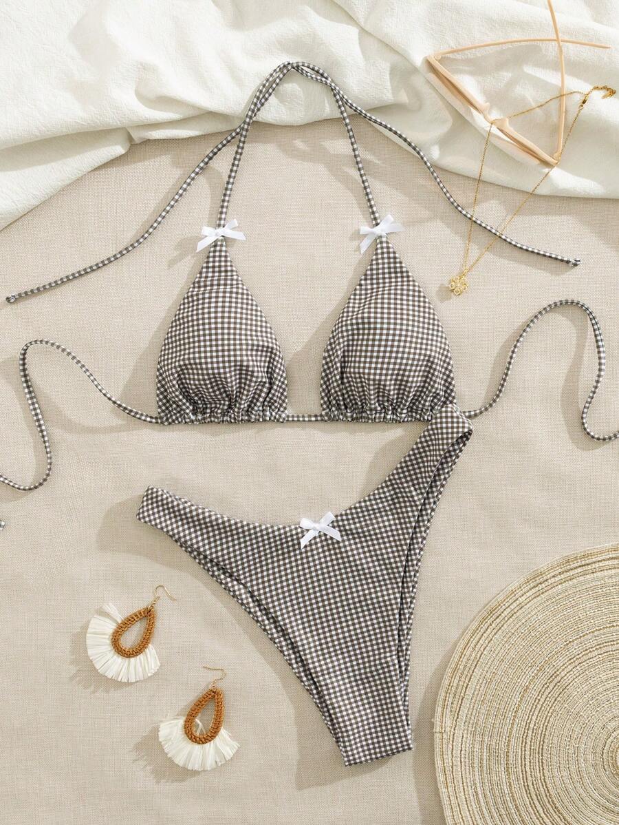 Swim Mod 2 件套女士性感露背吊带格纹印花泳衣套装，夏季新品 - 棕色 - 查看 1