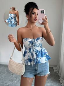 Elenzga Blusa elegante para mujer con cuello halter sin espalda y doble capa de bajo, ideal para vacaciones románticas - Azul y blanco - Ver 1