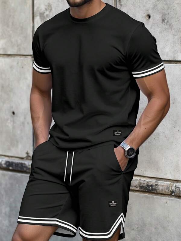 Manfinity Homme Conjunto de camiseta y pantalones cortos casuales de verano para hombres con bloques de color y rayas