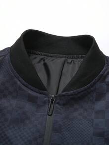Manfinity Homme Men's Checkerboard Print Long Sleeve Zip-Front Casual Baseball Jacket - Navy Blue - View 4
