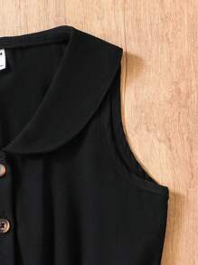 SHEIN Elladie kids 年轻女孩杏色翻领纽扣连体裤，带有褶边细节，适合日常通勤和休闲穿着 - 黑色 - 查看 5