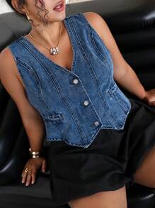 SHEIN ICON Plus Size Denim Sleeveless Vest, Casual Fitted Style, Blue,Back To School - Medium Wash - View 4