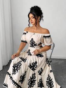 Elenzga Đầm trễ vai in họa tiết chéo thanh lịch - Màu be - Xem 7