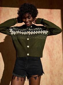Bóhologie Nordic-Inspired Button-Up Cardigan In Deep Green With Black Contrast Yoke And Ribbed Hems - Green - View 3
