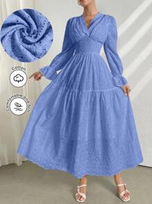 Modelyn 女士优雅V领刺绣网眼喇叭袖连衣裙 - 藍色 - 查看 3