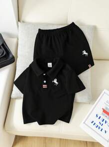 SHEIN 2 件套婴儿休闲宽松插肩袖圆领毛衣上衣和针织短裤两件套服装，适合春夏季室内外穿着 - 黑色 - 查看 6