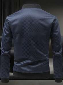 Manfinity Homme Men's Checkerboard Print Long Sleeve Zip-Front Casual Baseball Jacket - Navy Blue - View 3