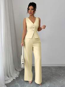 SHEIN PETITE 女士优雅无袖上衣和裤子套装，商务通勤老款风格，适合夏季度假和约会 - 米色 - 查看 4