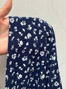 Sunnyshic 蓝色碎花拼布蕾丝 V 领高腰喇叭形长裙，优雅可爱日常休闲度假海滩派对鸡尾酒下午茶百搭女士夏季