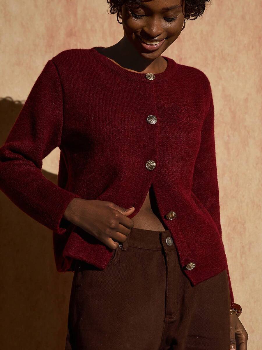 Bóhologie Pique Knitting Type Thick Knitted Cardigan With Gold Button Accessory Elegant Style Burgundy Cardigan,Cardigans For Women,Long Cardigans Woman,Petite Cardigans,Cardigans - Burgundy - View 1