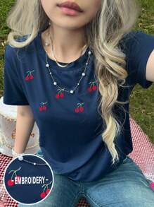 INAWLY Blue Women's Cherry Embroidery Round Neck Short Sleeve T-Shirt, Summer - Multicolor - View 1
