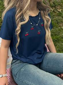 INAWLY Blue Women's Cherry Embroidery Round Neck Short Sleeve T-Shirt, Summer - Multicolor - View 4