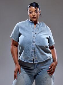 MUSERA Plus Size Crew Neck Boxy Fit Button Through Short Sleeve Denim Top Only Summer Streetstyle Vacation Holiday 90's Y2k Cute Casual City Muse Streetwear Back To School Office Work