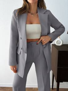 EURMUSE Women Solid Color Button Front Detailed Jacket And Pants Suit Sets - Light Grey - View 6