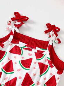 女婴夏季新款两件套连衣裙：红色蝴蝶结荷叶边纯色连衣裙+白色西瓜印花连衣裙，高腰泡泡袖连衣裙甜美公主裙休闲外出派对连衣裙，1-3岁可爱水果图案荷叶边设计，清新夏日度假写真拍摄装 - 紅色 - 查看 4