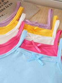 SHEIN 5pcs/Pack Girls Casual Milk Silk Fabric Simplistic Spaghetti Strap Camisole With Bow, Comfortable Layering Knit Top Kitty Love Summer Outfits Back To School Essentials Kids Girls Summer Clothes Young Girl Summer Outfits Tops For Girls Tops For Girls Kids Fall Winter - Multicolor - View 6