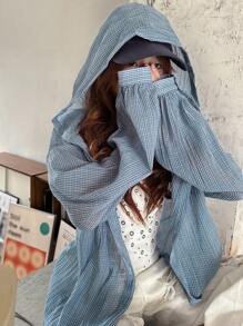 Dazy Kids 少女休闲宽松格子前扣连帽夹克