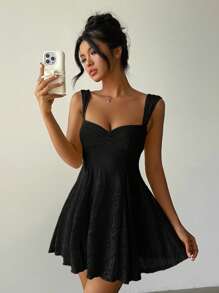 Aloruh Black Lace Ruffle Hem Slip Dress