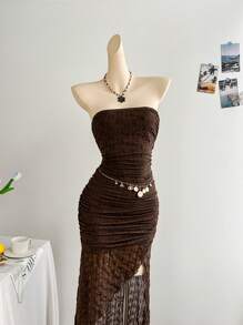 Soleia 度假象牙色褶饰低腰不对称下摆连衣裙，适合海滩、夏季、波西米亚风、度假、钩针编织、亚麻、纹理 - 米色 - 查看 4