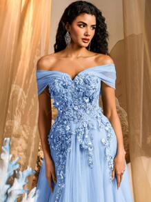 Glamrae Váy dài maxi bằng vải tuyn đính ren hoa 3D hở vai màu xanh lá cây sang trọng thanh lịch có độ xòe cực lớn, phù hợp cho đám cưới, tiệc tùng, sự kiện, tiệc chiêu đãi, lễ cưới (được tô điểm nhiều) - Màu xanh lam - Xem 3