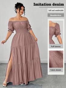 Elenzga Đầm Maxi hở vai màu xanh denim trơn cỡ lớn cho nữ, eo chun, thanh lịch, thường ngày, xẻ tà, xuân/hè - Bụi hồng - Xem 7