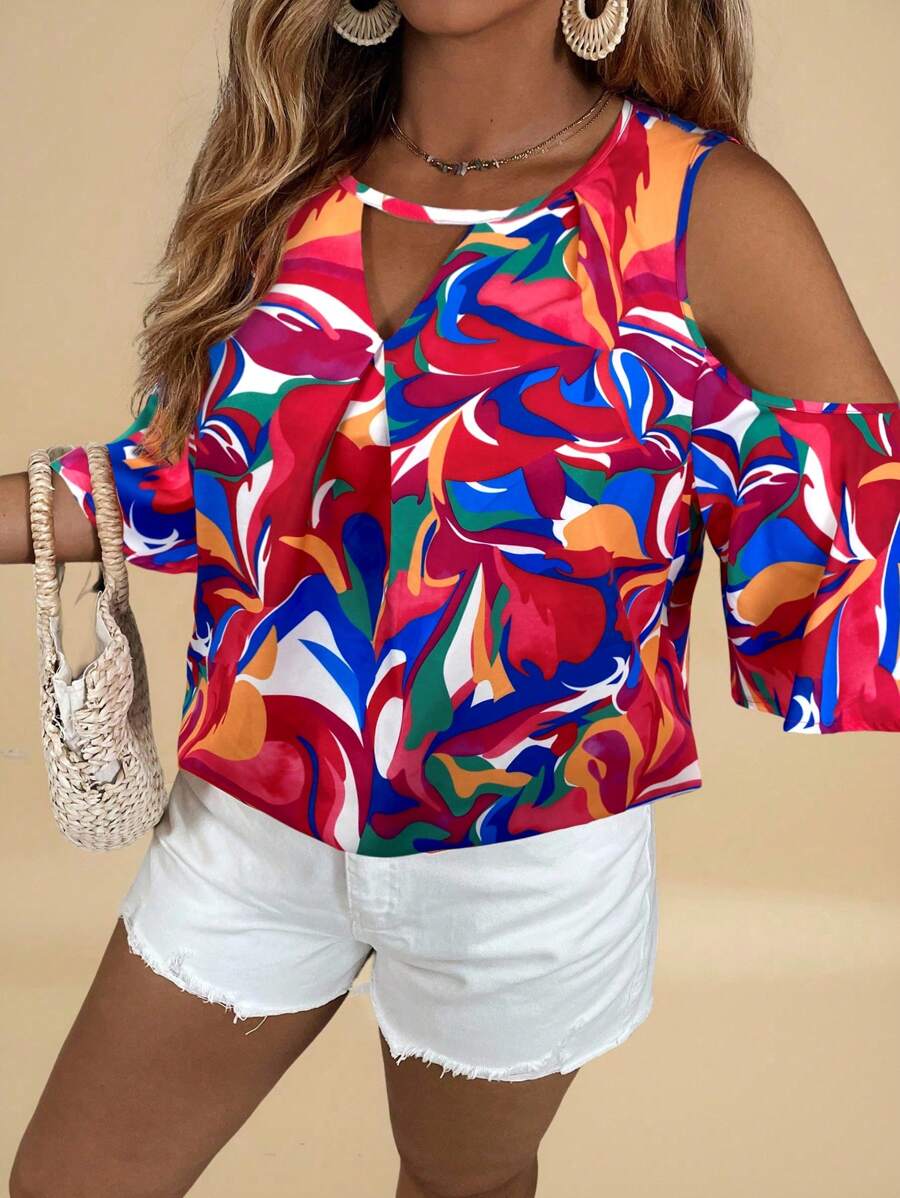 SHEIN VCAY Camisa informal hombros descubiertos con estampado todo sobre para talla grande - Rojo - Ver 1