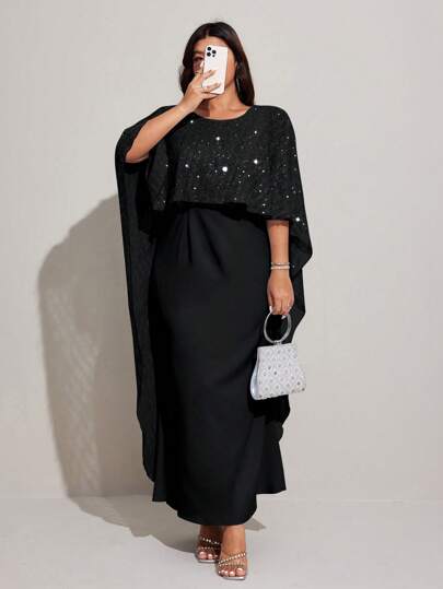 Viva Relle Plus Size Chiffon Sequin Elegant Romantic Shawl Collar Dress